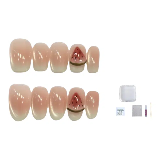 几多萌 西瓜精灵日常短款美甲腮红猫眼浅色法式穿戴甲片  短方粉色裸色 可爱