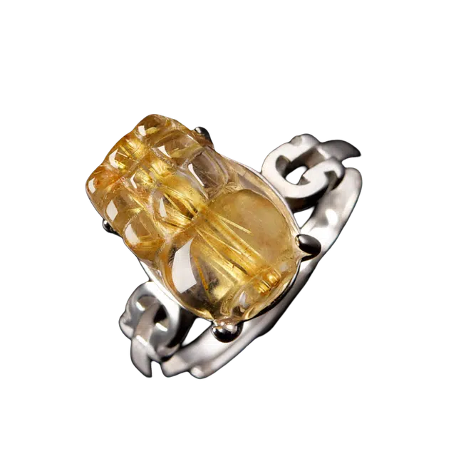 迈奇的礼物 好运自然纯银轻奢精致小众招财黄色钛晶指环 金晶貔貅天然 黄发晶 水晶戒指 女款