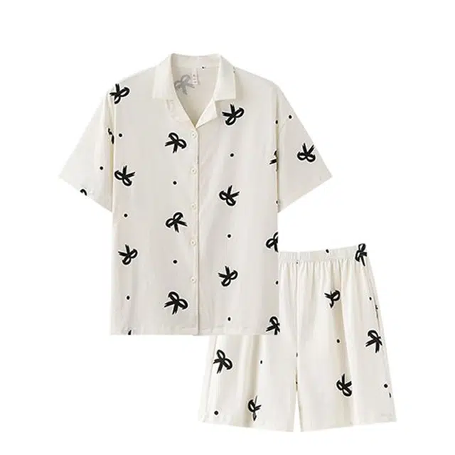 俏韵 翻领夏季纯棉舒适简约风短袖开衫甜美可爱薄款家居服可外穿睡衣套装 女款