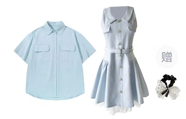 涂诗菲 法式小众设计蕾丝拼接纯欲风辣妹无袖连衣裙女短袖上衣衬衫男情侣套装