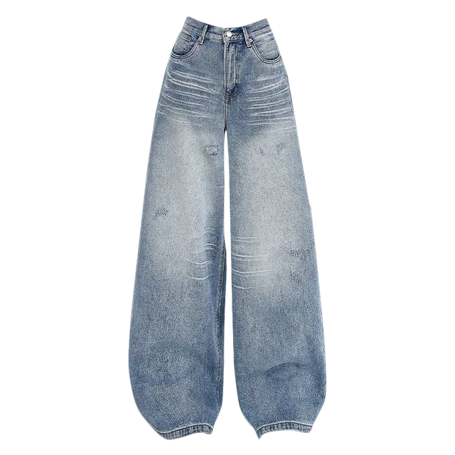 拾籍 美式高街重工压皱设计宽松舒适百搭阔腿裤女时尚复古显瘦直筒拖地牛仔裤 女款