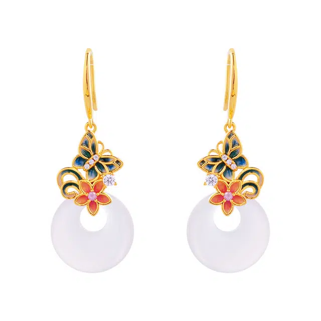 骊碧 花间蝶梦 冷珐琅蝴蝶 平安扣新中式国风高级感天然 玉髓 耳环 女款