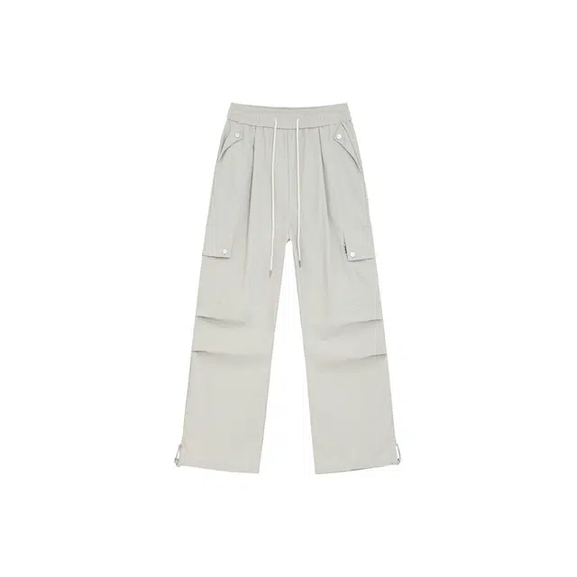 爱肯 美式高街纯色通勤时尚户外弹力运动百搭中腰宽松大口袋工装风抽绳休闲裤 男女同款