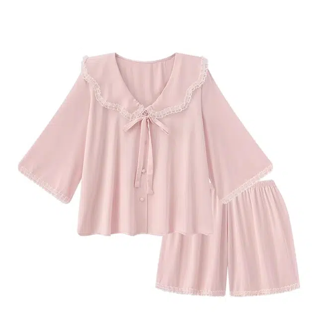 俏韵 翻领夏季冰丝短袖短裤甜美舒适薄款家居服可外穿睡衣套装 女款