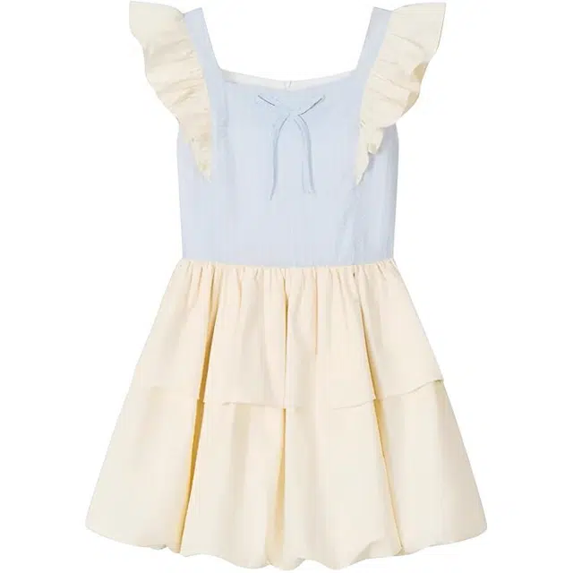 黛尔佳人 夏多巴胺撞色小个子小飞袖蛋糕花苞甜美方口领收腰短裙短袖连衣裙 女款