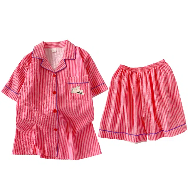 俏韵 翻领夏季云朵棉舒适条纹短袖甜美薄款家居服可外穿睡衣套装 女款