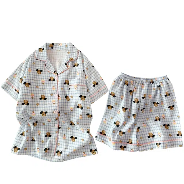 俏韵 翻领卡通小狗夏季云朵棉短袖甜美可爱舒适薄款家居服可外穿睡衣套装 女款