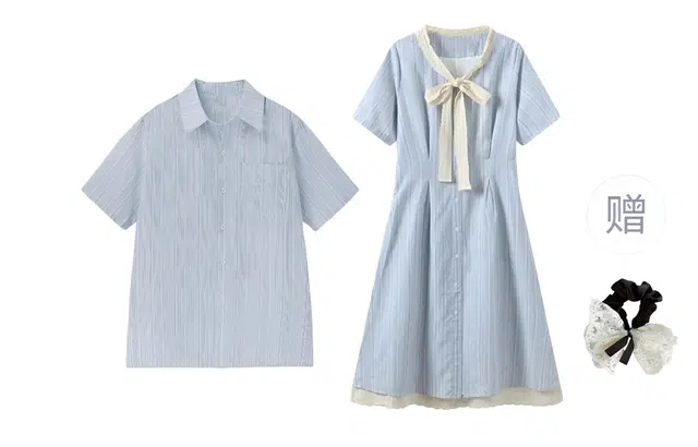 涂诗菲 法式条纹蝴蝶结小众设计假两件短袖连衣长裙百搭舒适潮流短袖情侣套装