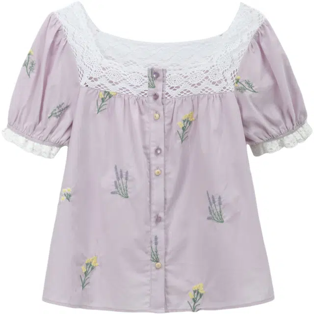 谜秀 蕾丝拼接刺绣短袖碎花常规方领法式衬衫 女款