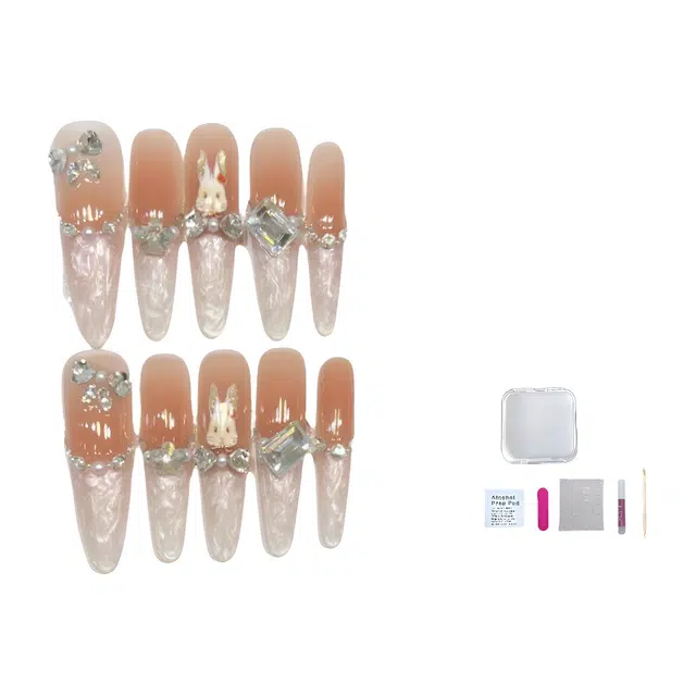 几多萌 螺纹兔纯手工穿戴甲高级感法式碎钻锆石美甲冰透指甲片  杏仁粉色渐变 可爱
