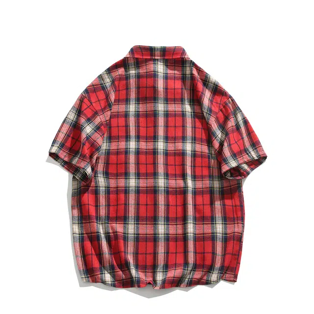 领航骆驼  美式简约学院风翻领格子大码衬衣夏季薄款慵懒休闲寸衣内搭外套短袖   衬衫  男女同款