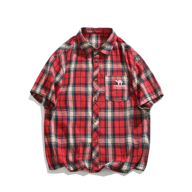 领航骆驼  美式简约学院风翻领格子大码衬衣夏季薄款慵懒休闲寸衣内搭外套短袖   衬衫  男女同款