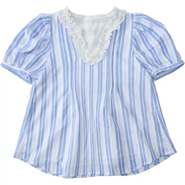 谜秀 蓝白条纹棉质夏季常规短袖花边领法式衬衫 女款