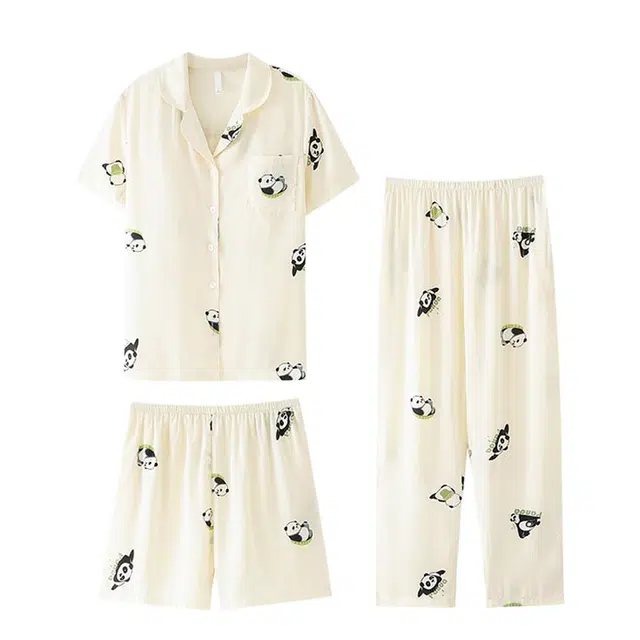 俏韵 翻领春夏季冰雪丝高级感短袖三件套薄款家居服可外穿睡衣套装 女款