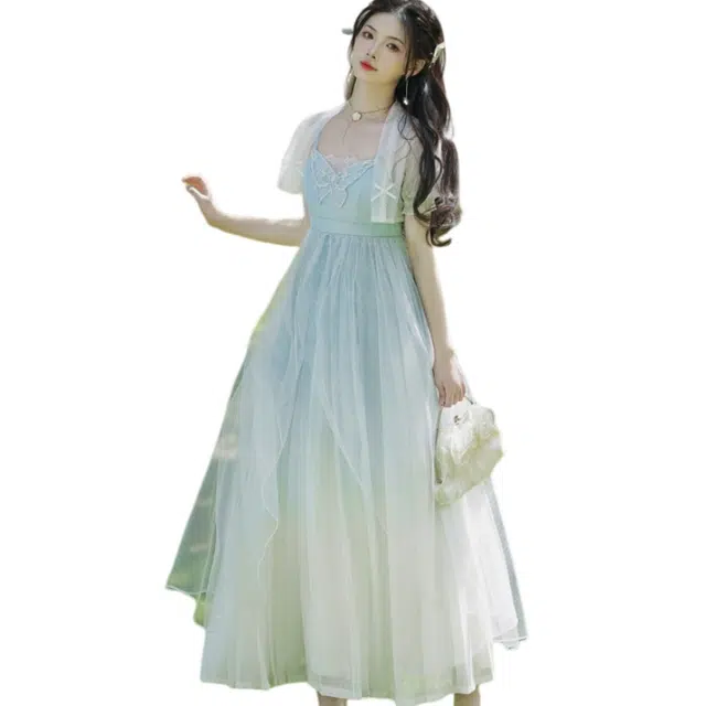 丝絮丝绸 国风汉元素复古风新中式小开衫渐变吊带连衣裙两件套裙装套装 女款