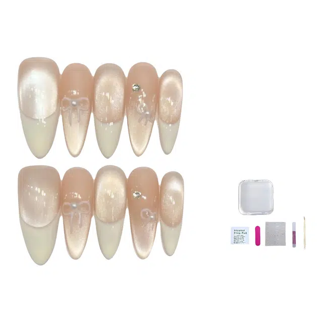 几多萌  纯手工穿戴甲简约裸色玻璃猫眼法式温柔气质美甲成品甲片  杏仁粉色晕染 纯欲