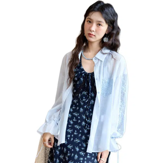 谜秀 拼接蕾丝夏季纯色常规翻领法式长袖衬衫 女款