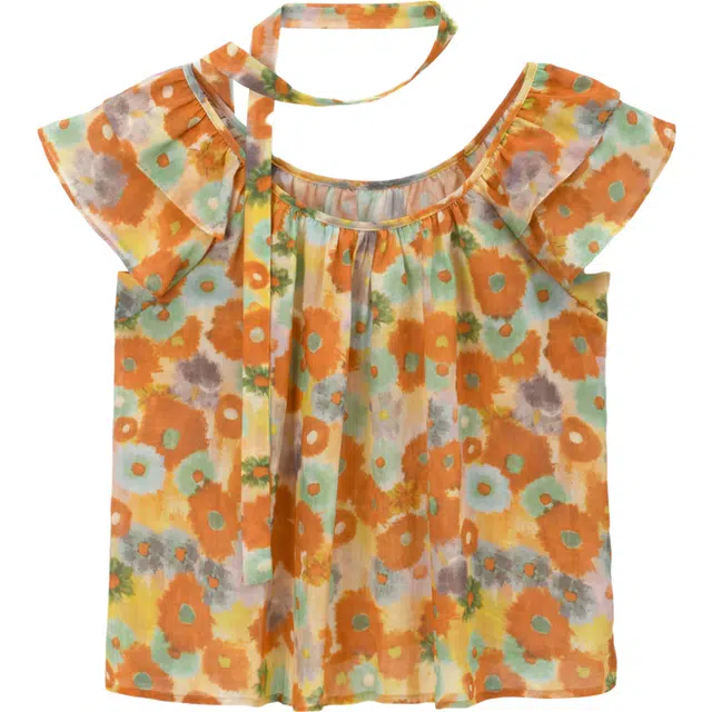 谜秀 油画印花夏季度假风短袖圆领法式衬衫 女款