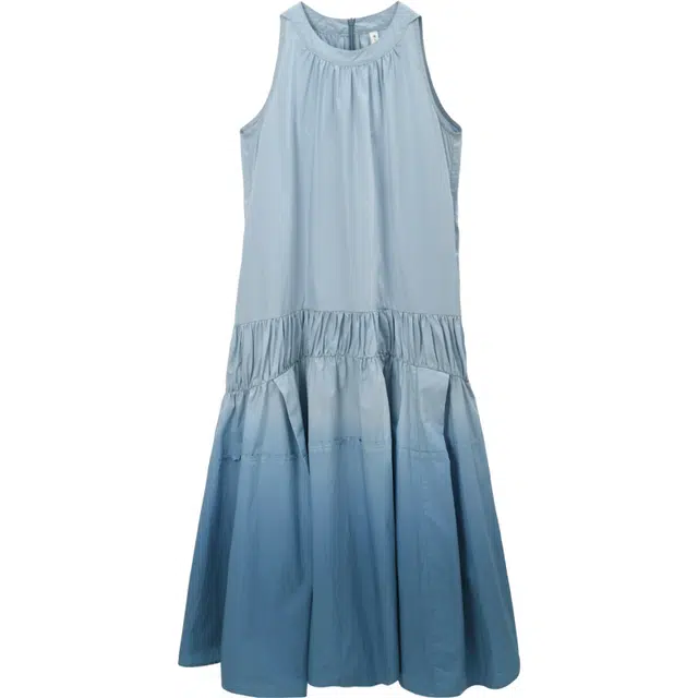 谜秀 吊染渐变蓝度假风圆领韩版无袖连衣裙 女款