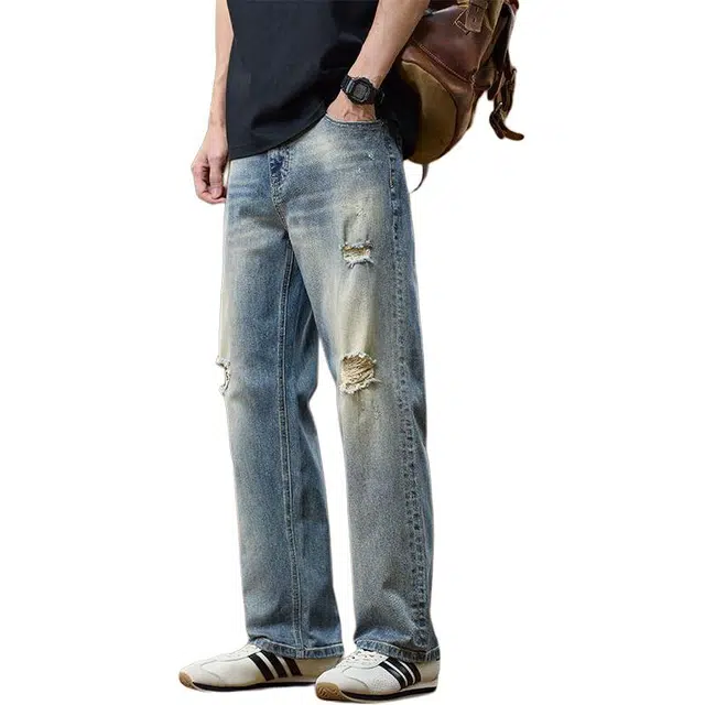 宝米卡 膝盖破洞夏季薄款宽松直筒阔腿长裤乞丐修补水洗休闲裤子牛仔裤 男女同款