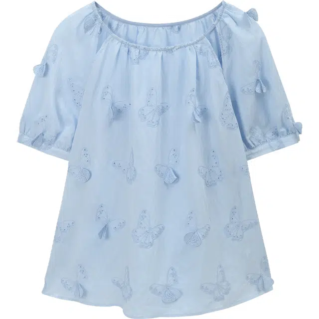 谜秀 刺绣镂空透气印花常规短袖圆领法式衬衫 女款