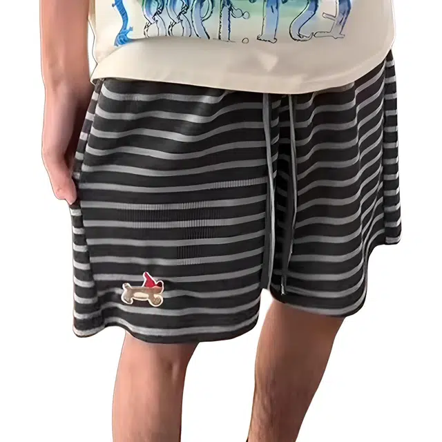 徐百货 美式黑白条纹小狗刺绣五分裤夏季薄款复古运动中裤高街宽松百搭慵懒风休闲短裤 男女同款