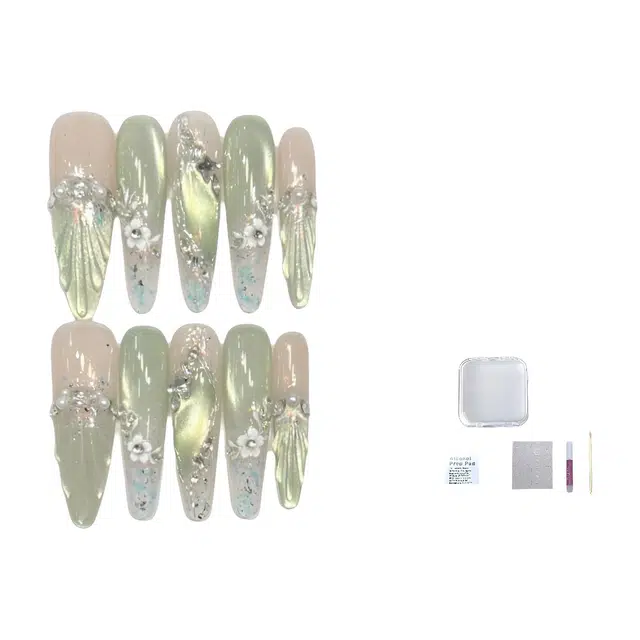 几多萌  星光绿野纯手工穿戴甲高级感玻璃猫眼法式碎钻美甲片  椭圆绿色晕染 纯欲