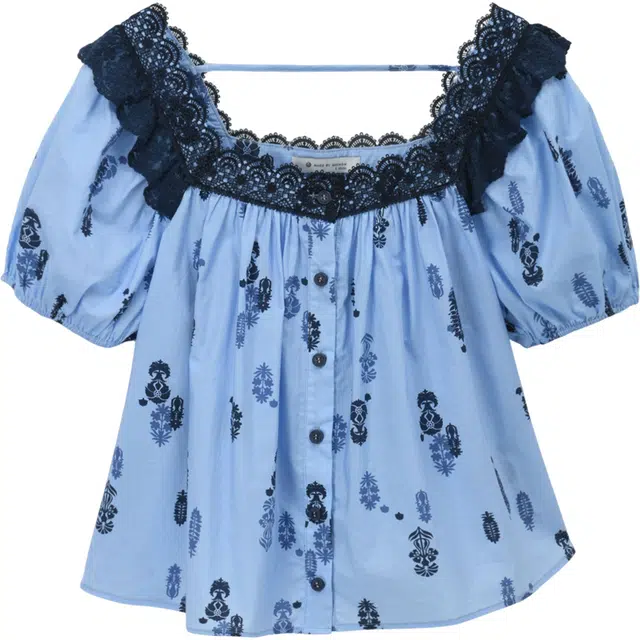 谜秀 蓝印花棉质夏季常规短袖法式衬衫 女款