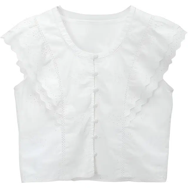 谜秀 显瘦收腰镂空纯色圆领法式短袖衬衫 女款