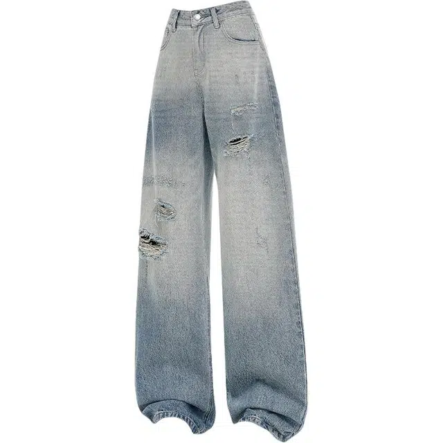 拾籍 时尚高腰破洞设计美式复古宽松垂感水洗直筒裤休闲牛仔裤 女款