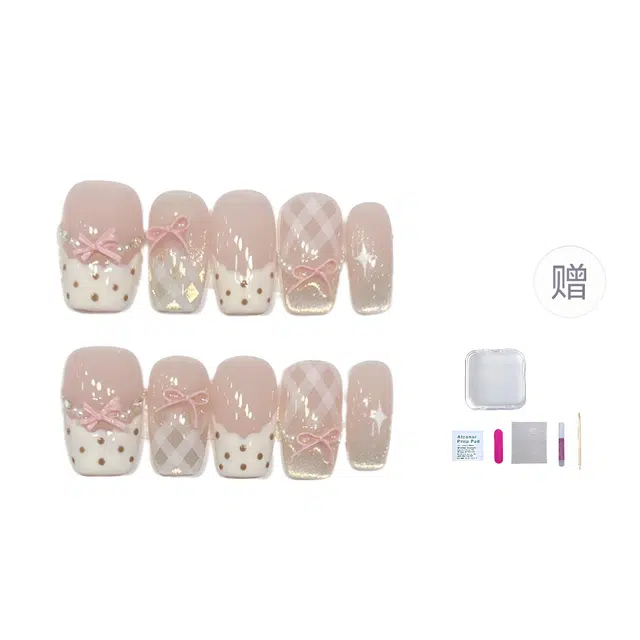 几多萌 甜美公主日常短款美甲成品猫眼蝴蝶结穿戴甲纯手工  短梯粉色裸色 蝴蝶结