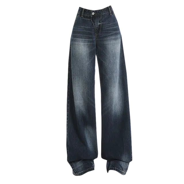 拾籍 时尚百搭宽松休闲直筒裤复古设计感斑驳纹理抓须水洗高腰显瘦牛仔裤 女款