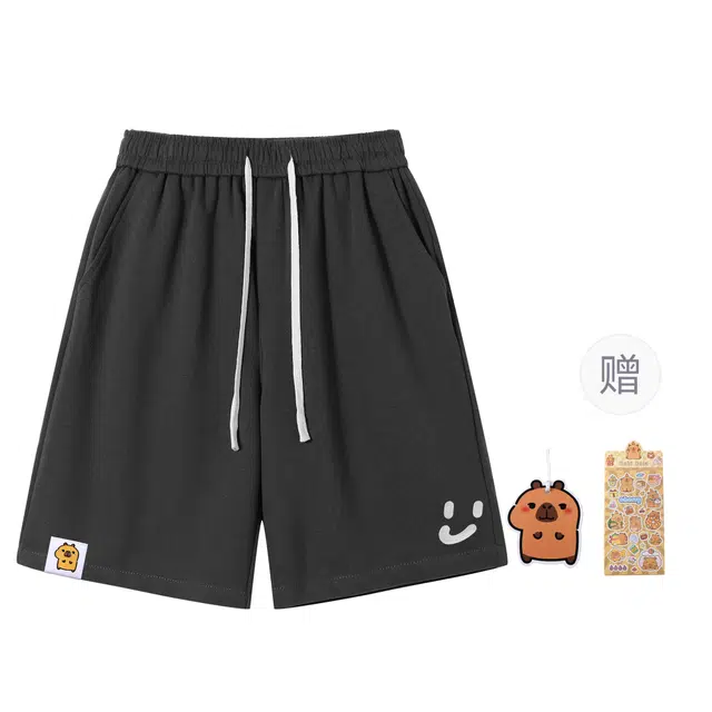 卡皮巴拉小黄豚 美式高街复古织唛笑脸万针刺绣运动重磅硬挺简约篮球跑步健身五分裤街头嘻哈百搭系带针织透气宽松休闲短裤 男女同款