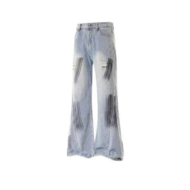 明尼凯 美式复古高街暗黑喷墨设计做旧水洗破洞毛边满印磨白解构高级感炸街潮牌宽松百搭潮流痞帅直筒阔腿显高显瘦弯刀牛仔裤 男女同款