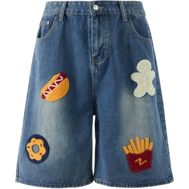 颂希尔 复古美式汉堡薯条毛巾绣男生夏季宽松阔腿水洗直筒五分裤牛仔短裤 男女同款