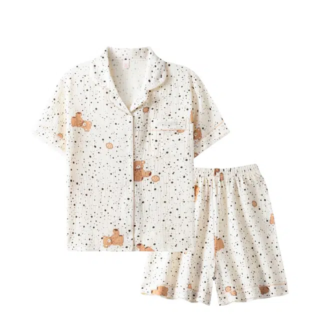 俏韵 翻领卡通夏季纯棉甜美可爱短袖舒适薄款家居服可外穿睡衣套装 女款