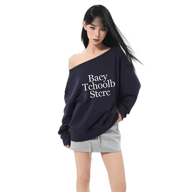 柏黛妃 美式斜肩上衣爆款宽松慵懒风露肩长袖卫衣 女款