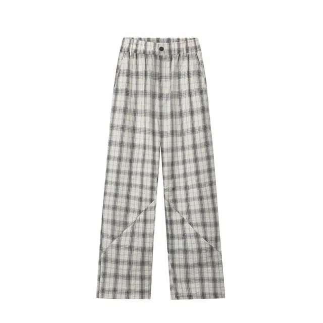 明尼凯 美式复古高街黑白格纹褶皱设计感肌理撞色糯米裤廓形拖地裤慵懒风垂感透气潮流小众情侣百搭宽松弯刀休闲裤 男女同款
