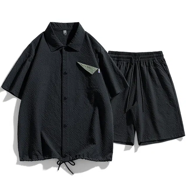 零氏 美式高街机能泡泡格提花褶皱设计翻领落肩袖宽松五分袖透气五分裤衬衫套装 男女同款