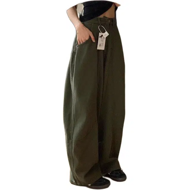 么宁 工装设计感高腰宽松显瘦休闲弯刀裤阔腿裤牛仔裤 女款