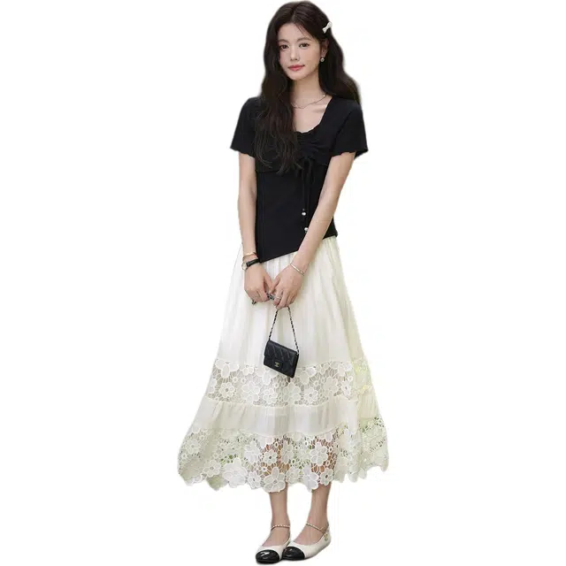 鹿向南 蕾丝拼接半身裙时尚纯色宽松百搭自然腰休闲长裙 女款