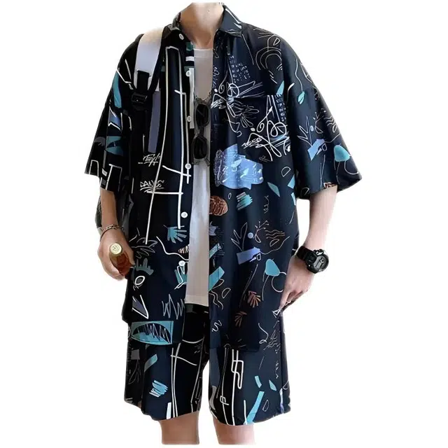 木木兔 时尚潮流夏威夷衬衫海边度假休闲运动套装 男款