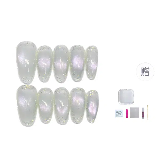 几多萌 紫莹纯手工穿戴甲高级感玻璃猫眼亮片美甲贴可拆卸甲片  椭圆白色裸色 猫眼