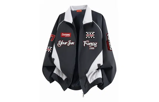 宜而爽 美式高街撞色拼接户外机能风字母数字印花赛车元素图案拼接撞色运动宽松休闲防风舒适垂感百搭翻领拉链夹克外套 男女同款