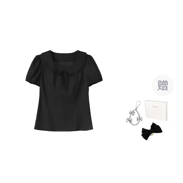 法儿家 轻法少女夏季韩系娃娃领荷叶边收腰设计感短袖衬衫 女款