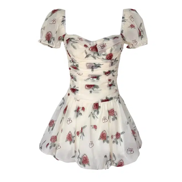 柏黛妃 碎花泡泡袖时尚百搭简约潮流气质短袖连衣裙 女款