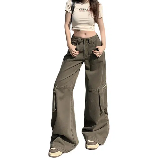 如续 多口袋低腰工装库复古宽松微喇休闲裤长裤&加长牛仔裤 女款