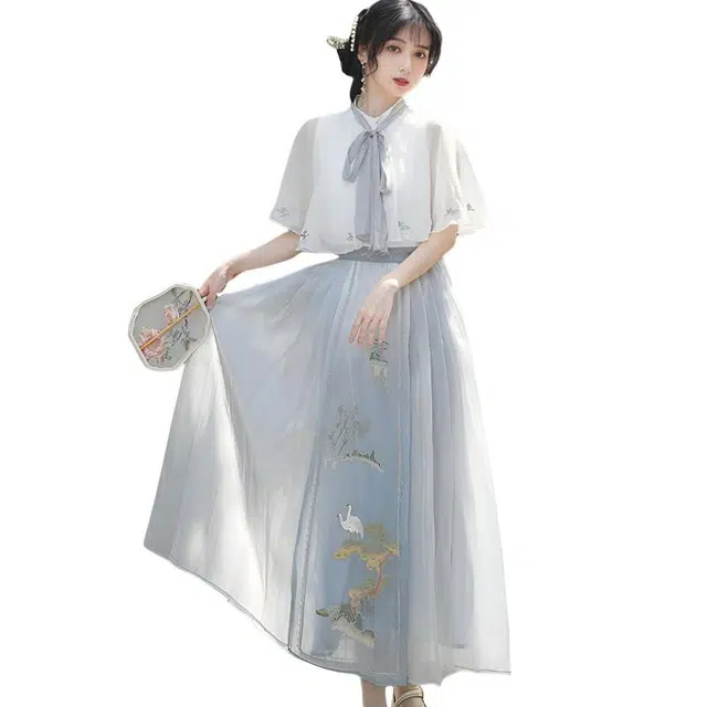 丝絮丝绸 新中式汉服元素绣花连衣裙防晒小披肩两件套裙装套装 女款