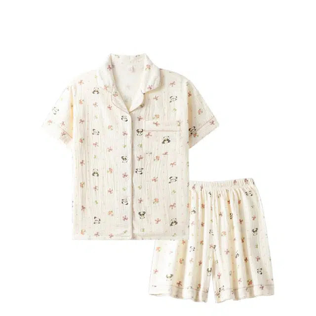 俏韵 翻领熊猫夏季纯棉甜美短袖短裤舒适薄款家居服可外穿睡衣套装 女款