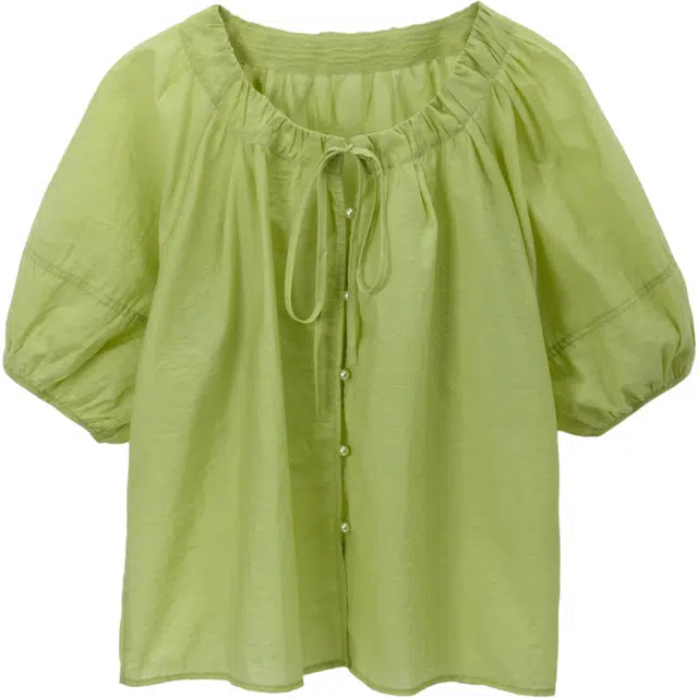 谜秀 抹茶绿圆领系带纯色泡泡袖短袖法式衬衫 女款